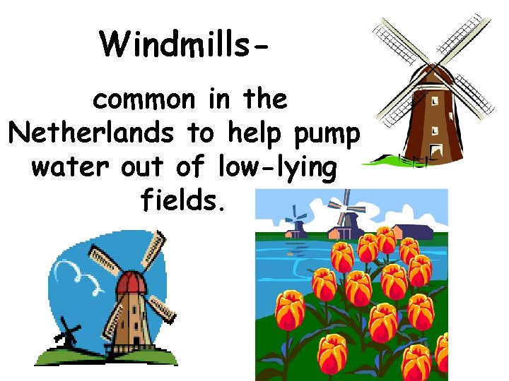 Windmillscommon in the Netherlands to help pump water out of low-lying fields. 