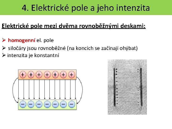 4. Elektrické pole a jeho intenzita Elektrické pole mezi dvěma rovnoběžnými deskami: homogenní el.