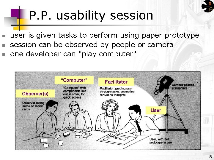 P. P. usability session n user is given tasks to perform using paper prototype