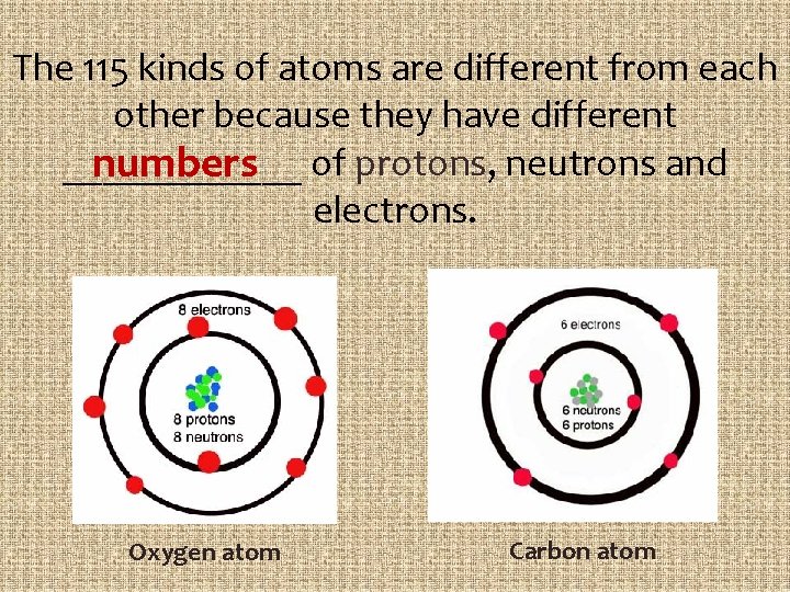 The 115 kinds of atoms are different from each other because they have different