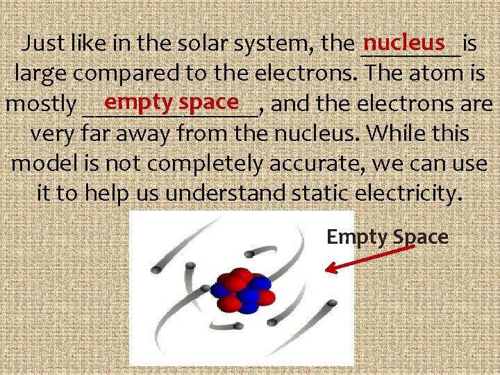 nucleus Just like in the solar system, the ____is large compared to the electrons.