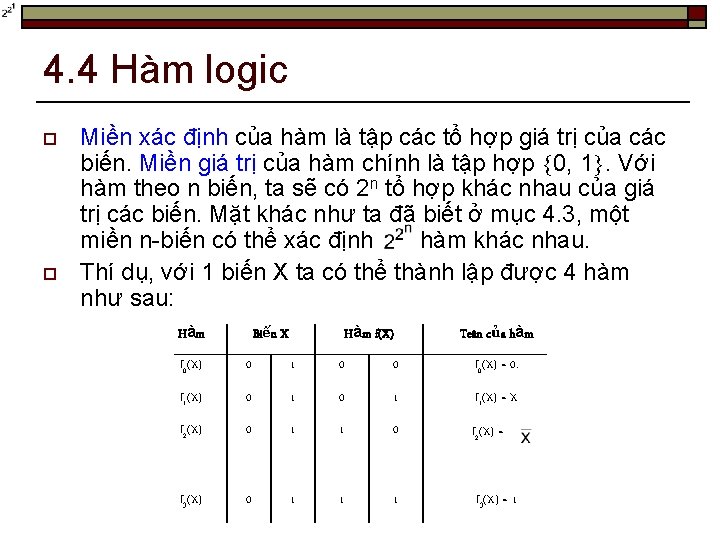 4. 4 Hàm logic o o Miền xác định của hàm là tập các