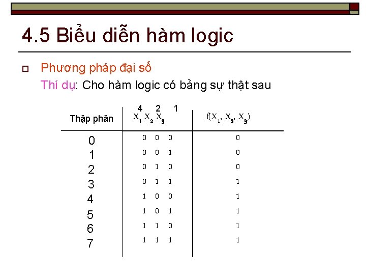 4. 5 Biểu diễn hàm logic o Phương pháp đại số Thí dụ: Cho