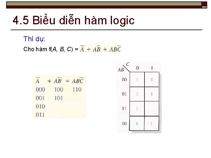 4. 5 Biểu diễn hàm logic Thí dụ: Cho hàm f(A, B, C) =