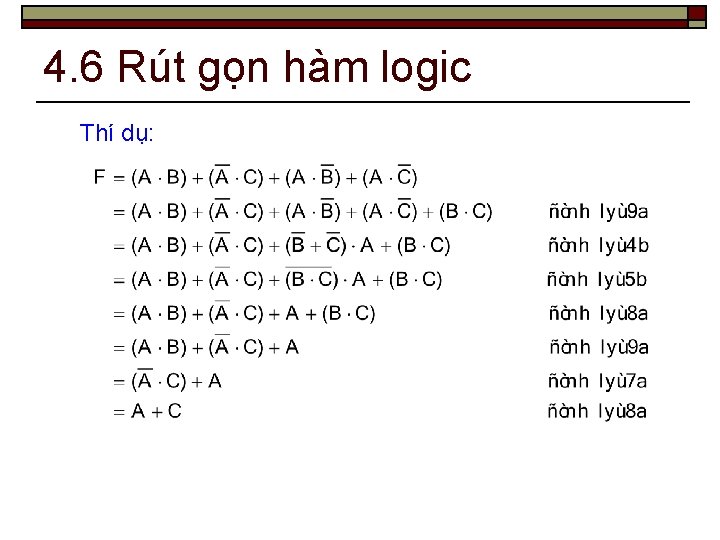 4. 6 Rút gọn hàm logic Thí dụ: 