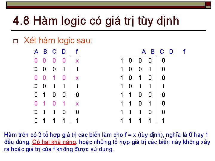 4. 8 Hàm logic có giá trị tùy định o Xét hàm logic sau: