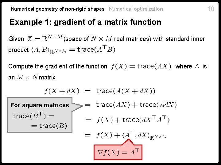 10 Numerical geometry of non-rigid shapes Numerical optimization Example 1: gradient of a matrix