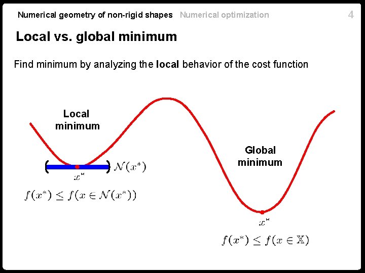 Numerical geometry of non-rigid shapes Numerical optimization Local vs. global minimum Find minimum by