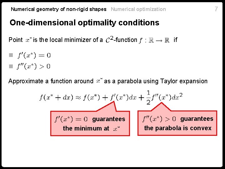 7 Numerical geometry of non-rigid shapes Numerical optimization One-dimensional optimality conditions Point n is