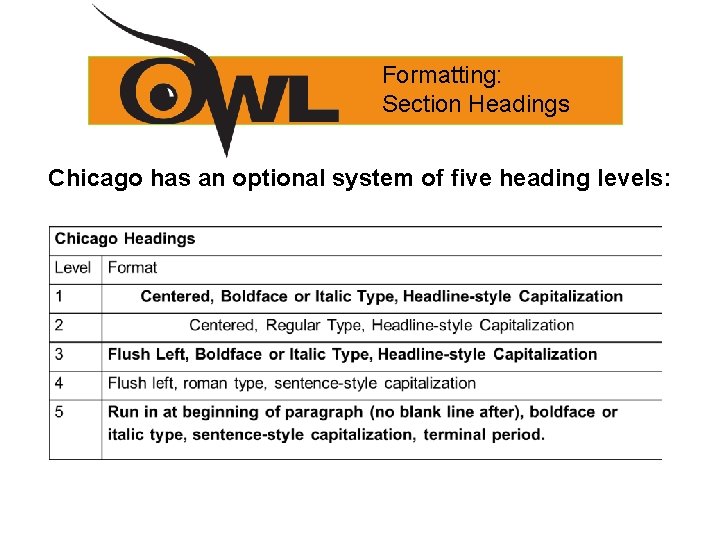 Formatting: Section Headings Chicago has an optional system of five heading levels: 