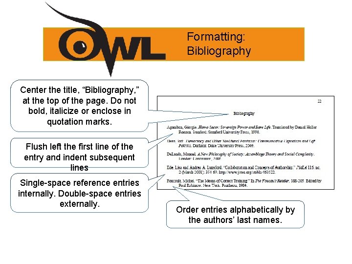 Formatting: Bibliography Center the title, “Bibliography, ” at the top of the page. Do