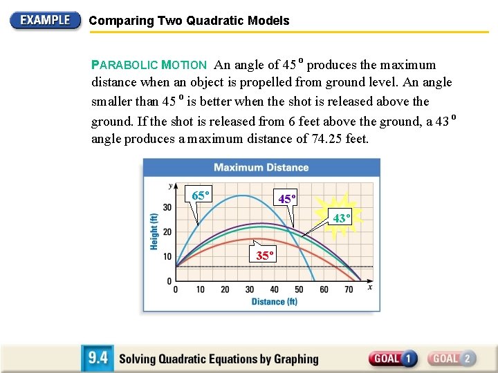 Comparing Two Quadratic Models PARABOLIC MOTION An angle of 45 º produces the maximum