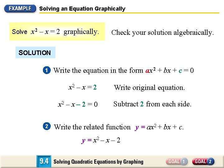 Solving an Equation Graphically Solve x 2 – x = 2 graphically. Check your
