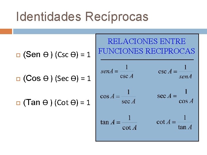 Identidades Recíprocas RELACIONES ENTRE (Sen Ө ) (Csc Ө) = 1 FUNCIONES RECIPROCAS (Cos