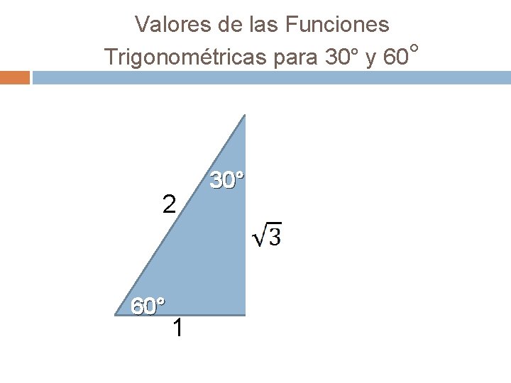 Valores de las Funciones Trigonométricas para 30° y 60° 2 60° 1 30° 2