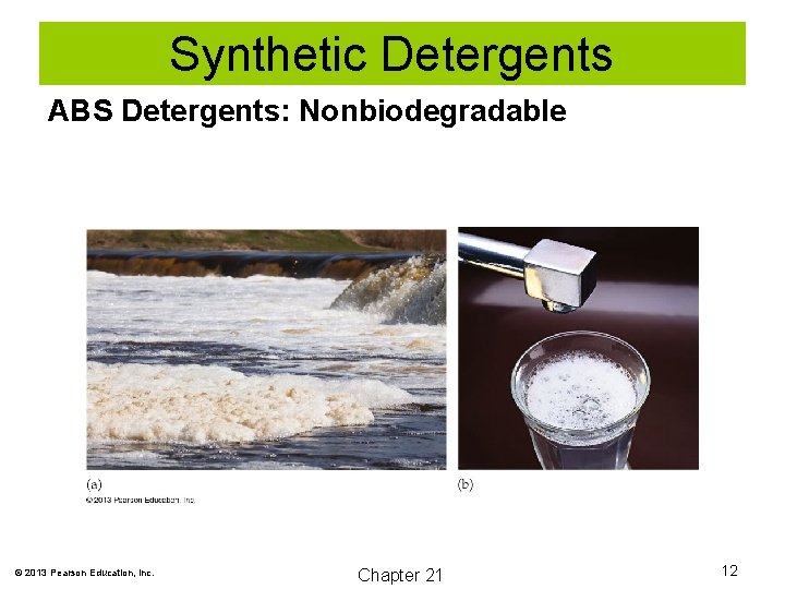 Synthetic Detergents ABS Detergents: Nonbiodegradable © 2013 Pearson Education, Inc. Chapter 21 12 
