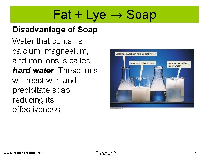 Fat + Lye → Soap Disadvantage of Soap Water that contains calcium, magnesium, and