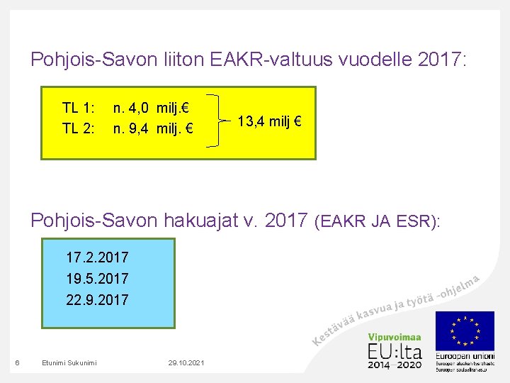 Pohjois Savon liiton EAKR valtuus vuodelle 2017: TL 1: TL 2: n. 4, 0