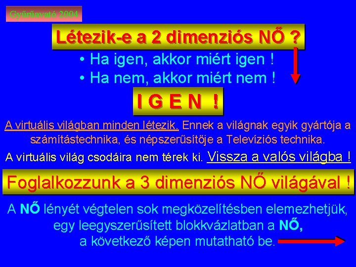 Gyűrűavató 2004 Létezik-e a 2 dimenziós NŐ ? • Ha igen, akkor miért igen