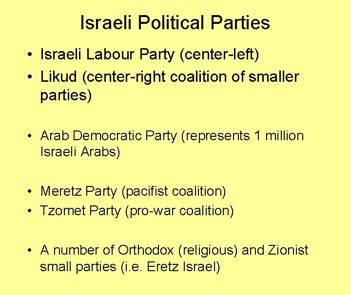 Israeli Political Parties • Israeli Labour Party (center-left) • Likud (center-right coalition of smaller