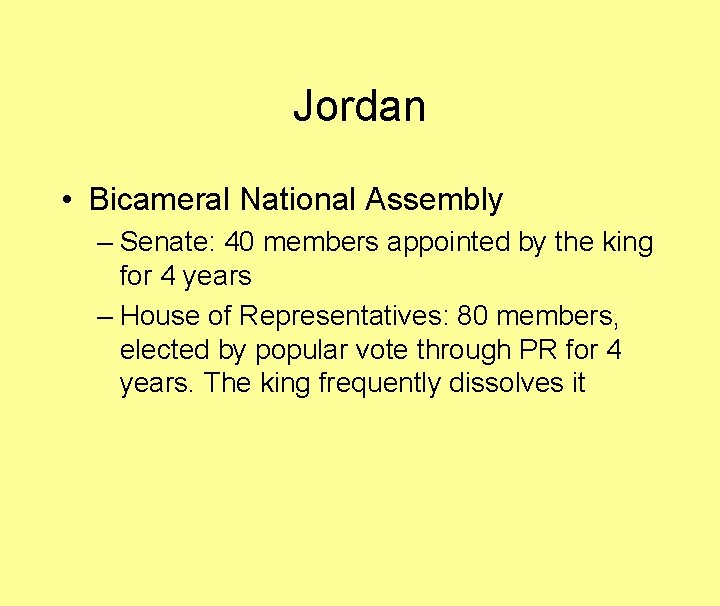 Jordan • Bicameral National Assembly – Senate: 40 members appointed by the king for