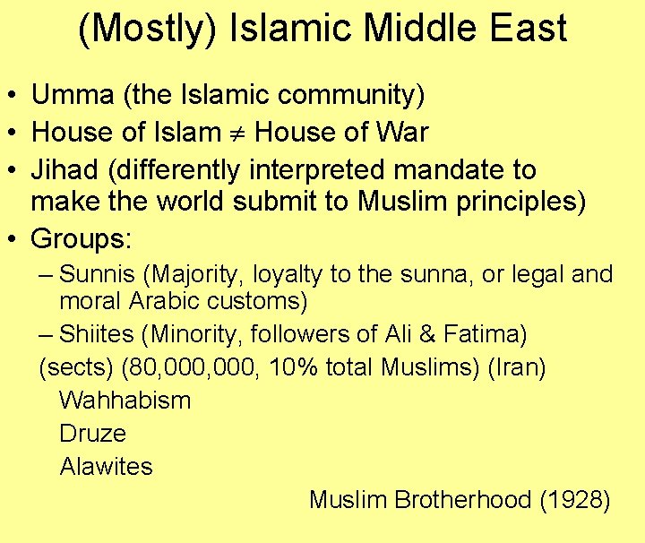 (Mostly) Islamic Middle East • Umma (the Islamic community) • House of Islam House