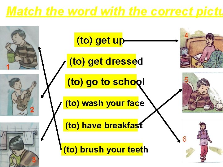 Match the word with the correct pictu (to) get up 4 (to) get dressed