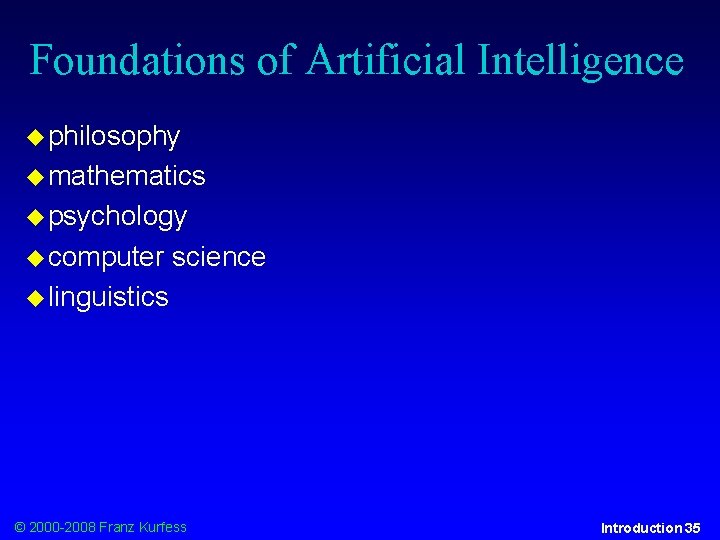 Foundations of Artificial Intelligence philosophy mathematics psychology computer science linguistics © 2000 -2008 Franz