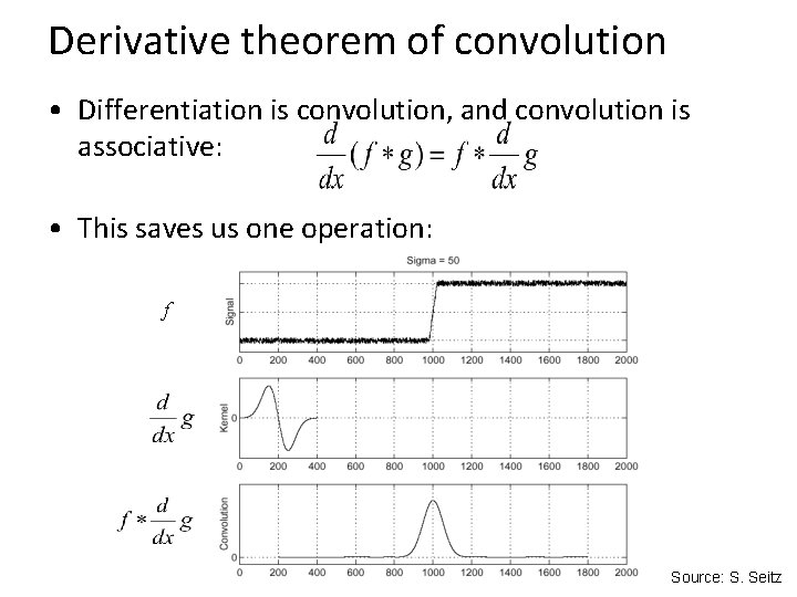 Derivative theorem of convolution • Differentiation is convolution, and convolution is associative: • This