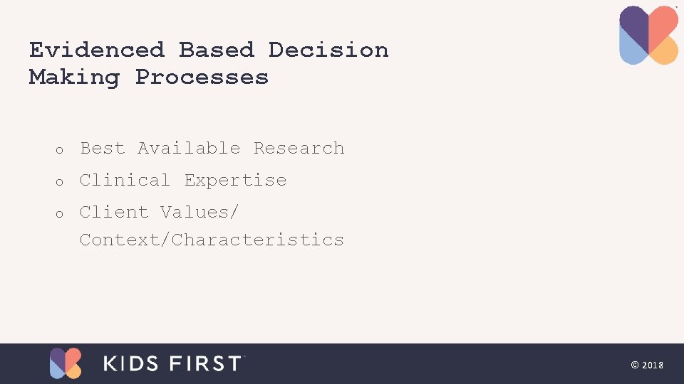 Evidenced Based Decision Making Processes o Best Available Research o Clinical Expertise o Client Evidenced Based Decision Making Processes o Best Available Research o Clinical Expertise o Client