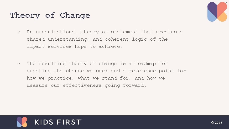 Theory of Change o An organisational theory or statement that creates a shared understanding, Theory of Change o An organisational theory or statement that creates a shared understanding,