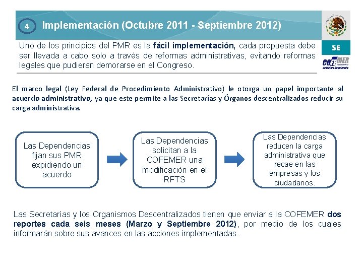 4 Implementación (Octubre 2011 - Septiembre 2012) Uno de los principios del PMR es