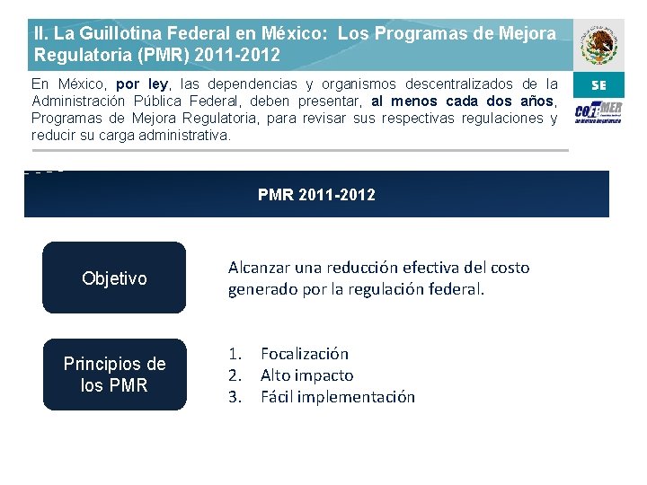 II. La Guillotina Federal en México: Los Programas de Mejora Regulatoria (PMR) 2011 -2012