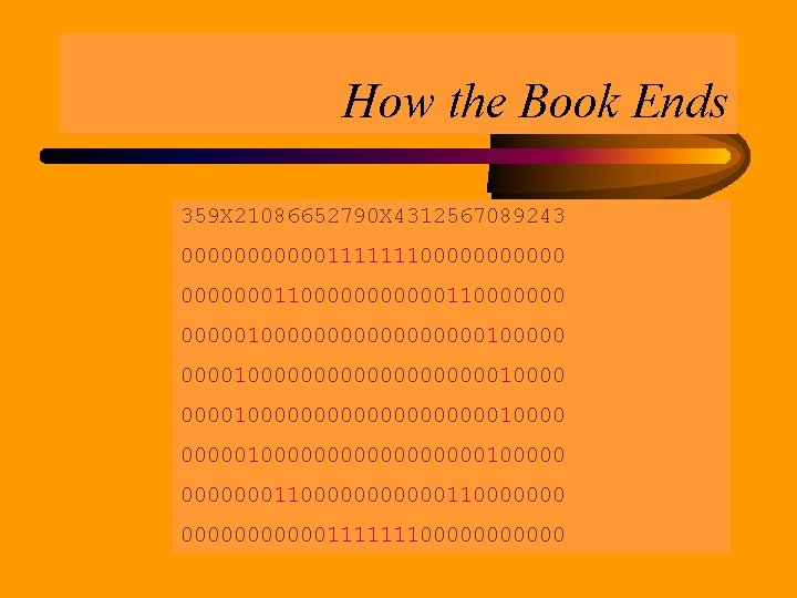 How the Book Ends 359 X 21086652790 X 4312567089243 000000111111100000001100000001000000000100000000000000000001000000000100000001100000001111111000000 