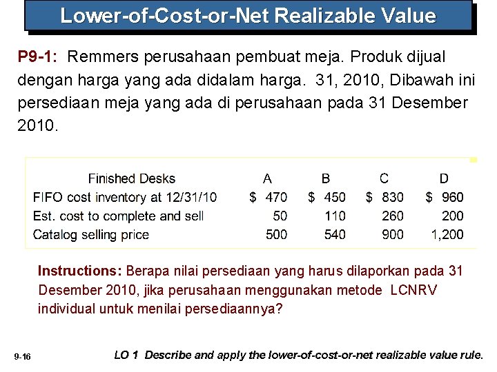 Lower-of-Cost-or-Net Realizable Value P 9 -1: Remmers perusahaan pembuat meja. Produk dijual dengan harga