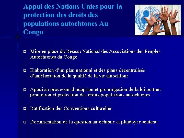 Appui des Nations Unies pour la protection des droits des populations autochtones Au Congo