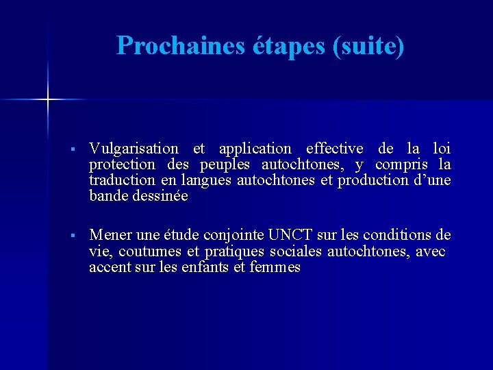 Prochaines étapes (suite) § Vulgarisation et application effective de la loi protection des peuples