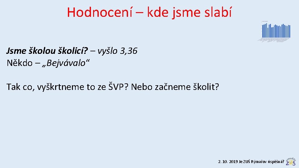 Hodnocení – kde jsme slabí Jsme školou školicí? – vyšlo 3, 36 Někdo –