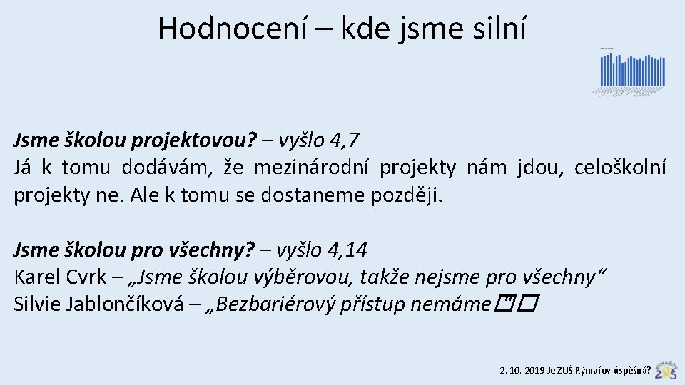 Hodnocení – kde jsme silní Jsme školou projektovou? – vyšlo 4, 7 Já k