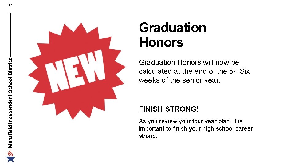 12 Mansfield Independent School District Graduation Honors will now be calculated at the end 12 Mansfield Independent School District Graduation Honors will now be calculated at the end