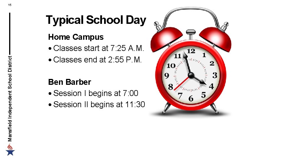 15 Mansfield Independent School District Typical School Day Home Campus • Classes start at 15 Mansfield Independent School District Typical School Day Home Campus • Classes start at