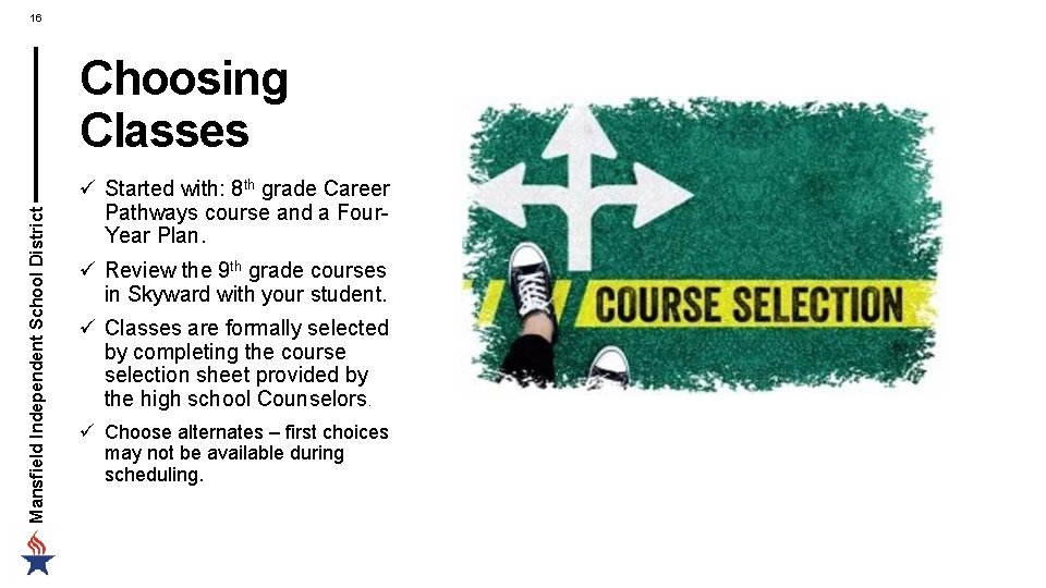 16 Mansfield Independent School District Choosing Classes ü Started with: 8 th grade Career 16 Mansfield Independent School District Choosing Classes ü Started with: 8 th grade Career