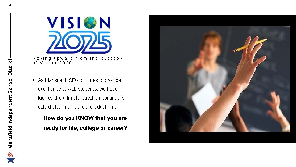 Mansfield Independent School District 4 Moving upward from the success of Vision 2020! • Mansfield Independent School District 4 Moving upward from the success of Vision 2020! •
