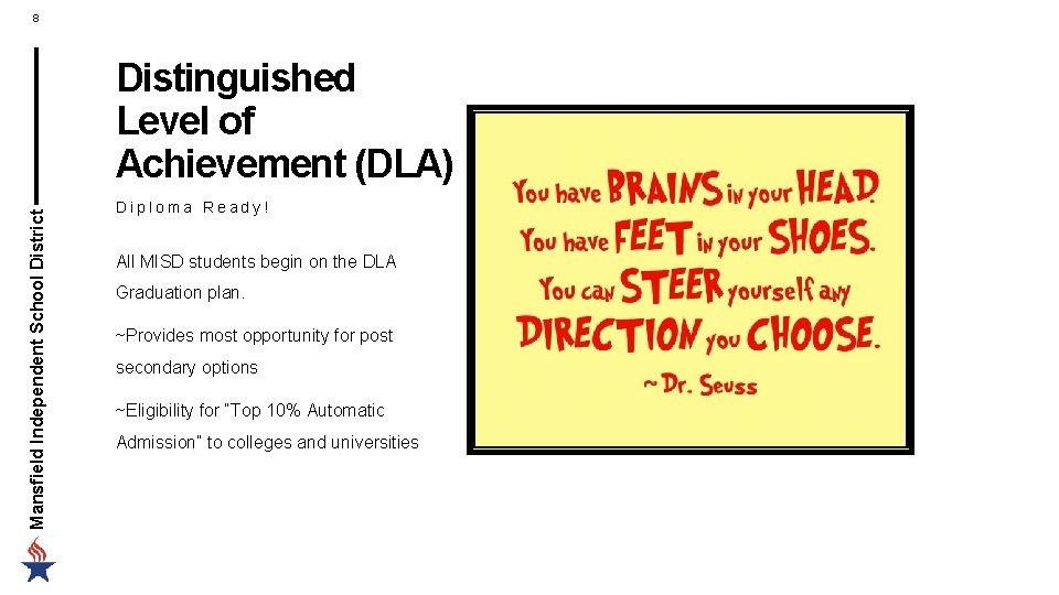 8 Mansfield Independent School District Distinguished Level of Achievement (DLA) Diploma Ready! All MISD 8 Mansfield Independent School District Distinguished Level of Achievement (DLA) Diploma Ready! All MISD
