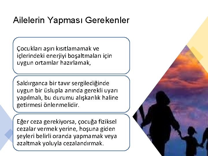 Ailelerin Yapması Gerekenler Çocukları aşırı kısıtlamamak ve içlerindeki enerjiyi boşaltmaları için uygun ortamlar hazırlamak,