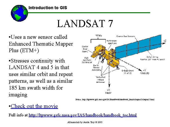 Introduction to GIS LANDSAT 7 • Uses a new sensor called Enhanced Thematic Mapper