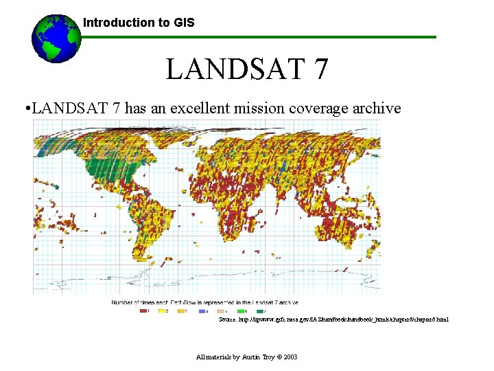 Introduction to GIS LANDSAT 7 • LANDSAT 7 has an excellent mission coverage archive
