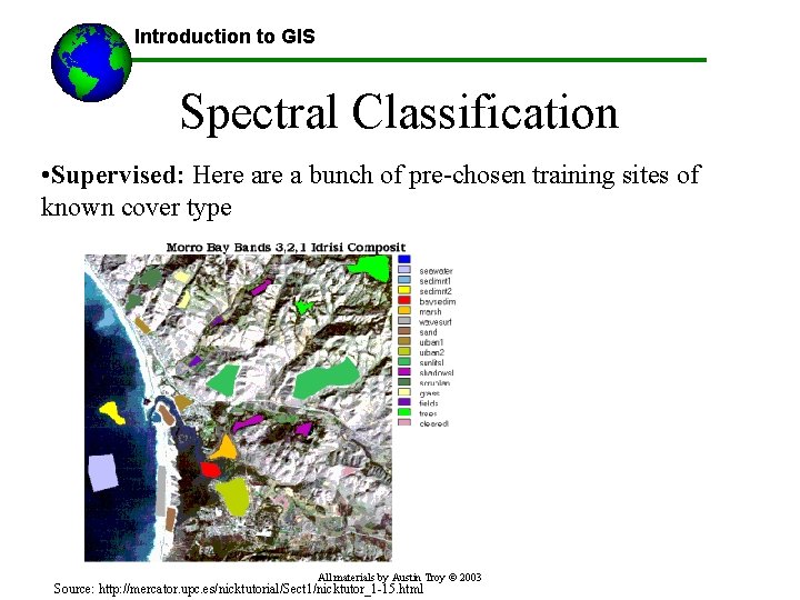 Introduction to GIS Spectral Classification • Supervised: Here a bunch of pre-chosen training sites