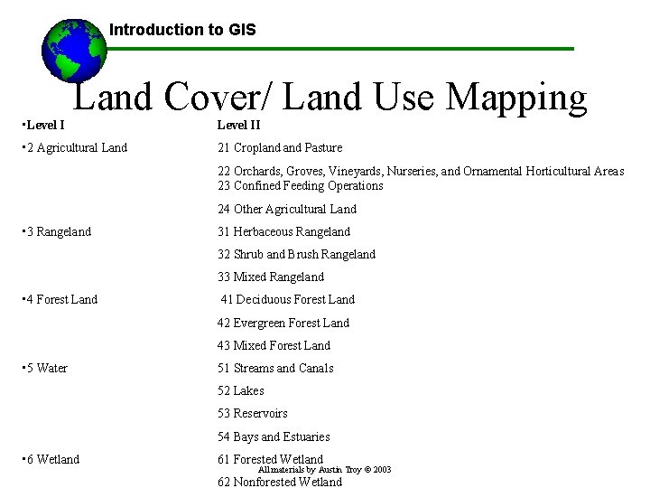 Introduction to GIS • Level I Land Cover/ Land Use Mapping • 2 Agricultural