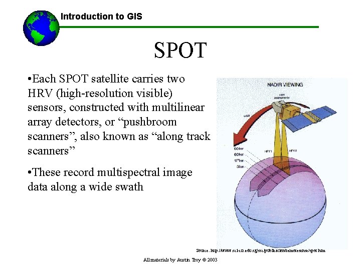 Introduction to GIS SPOT • Each SPOT satellite carries two HRV (high-resolution visible) sensors,